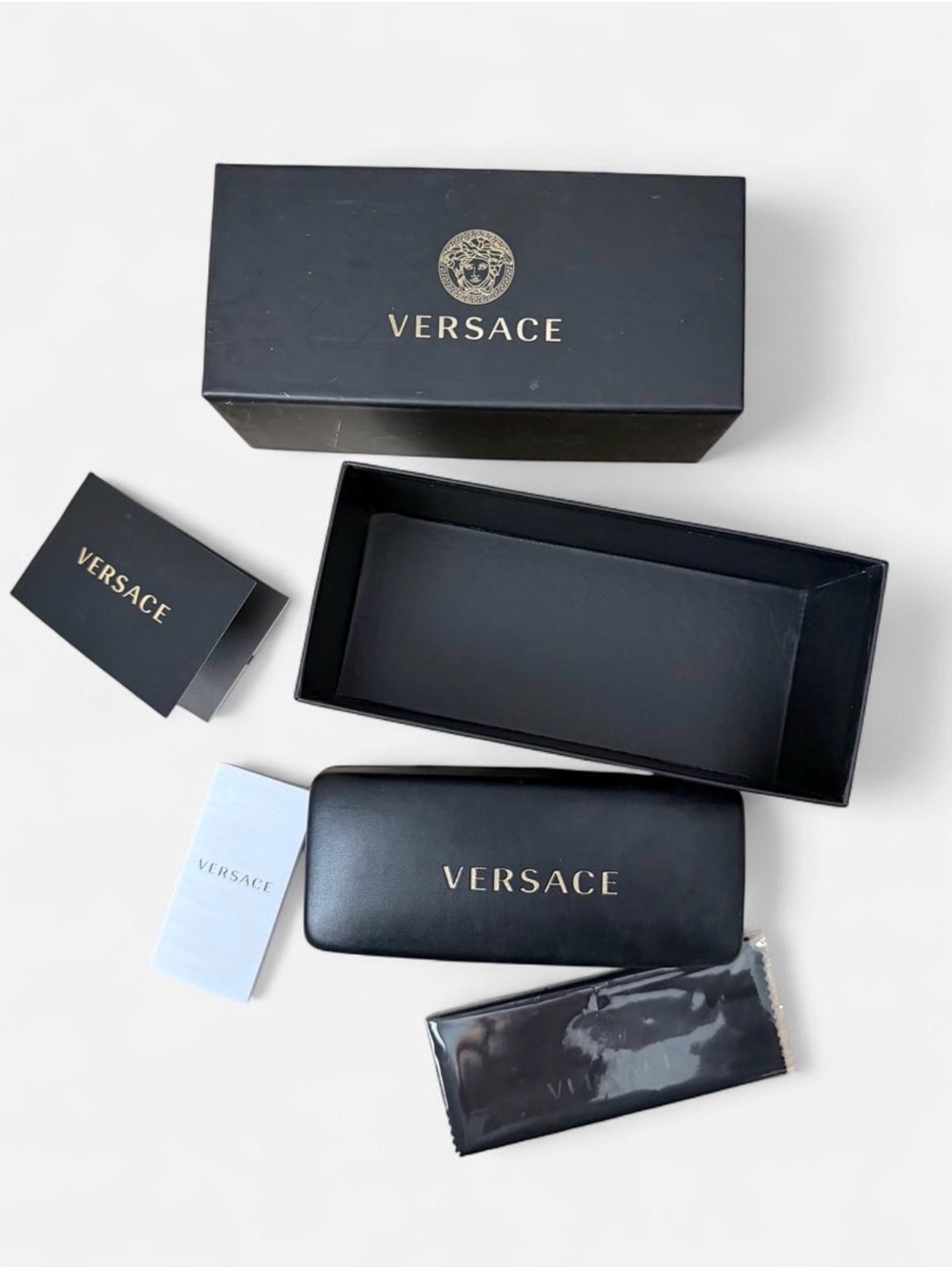 Versace Black and Gold Eyewear Case with Branded Box
